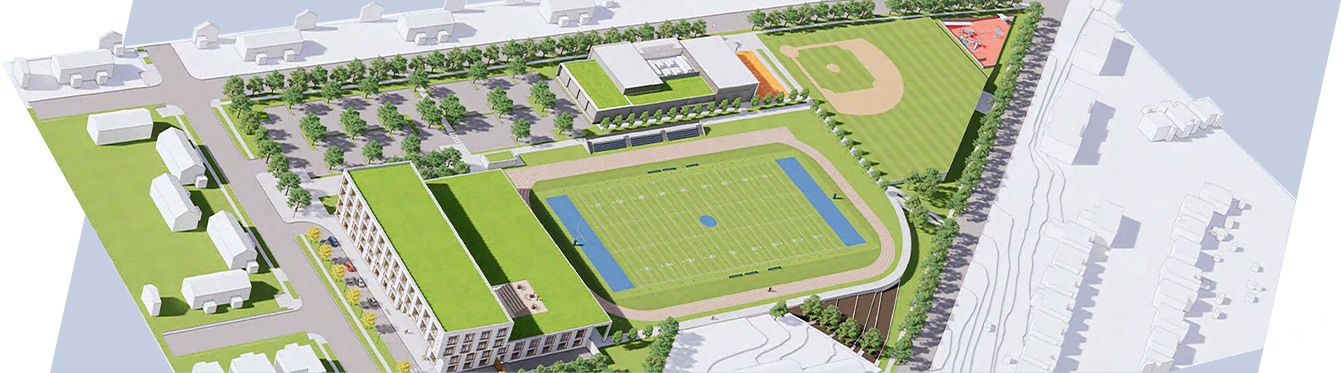 Bird's eye rendering of KIPP DC's second high school campus at Ferebee-Hope