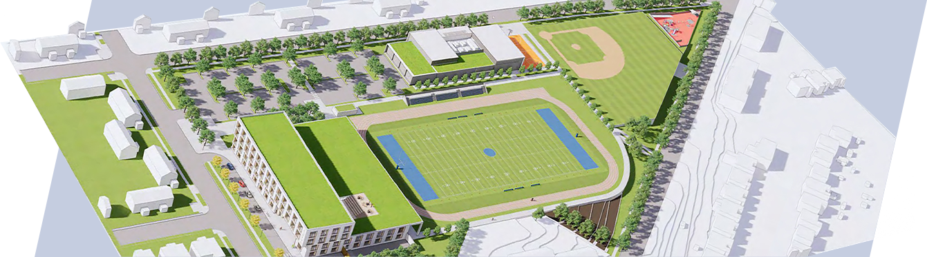 Bird's eye rendering of KIPP DC's second high school campus at Ferebee-Hope